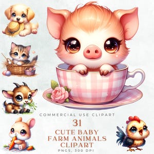 Entzückende Bauernhof Tiere Clipart Set für Babys, niedliche Baby Bauernhof Tiere PNG, Aquarell Barnyard Tiere Clip Art, Kinderzimmer Wand Dekor Kunst