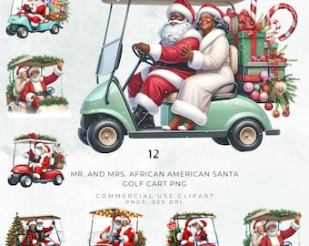 May include: A collection of illustrations featuring Mr. and Mrs. African American Santa Claus in various golf carts. The images showcase Santa and Mrs. Claus in red suits, driving green and red golf carts decorated with Christmas gifts and candy canes. Text includes "12" and "MR. AND MRS. AFRICAN AMERICAN SANTA GOLF CART PNG".