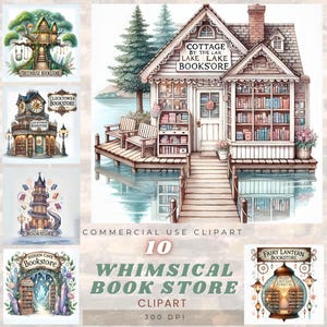 Buchladen Clipart, drollige Cottage Designs, Fantasy-Grafik, kommerzielle Nutzung, bezaubernde Kunstsammlung