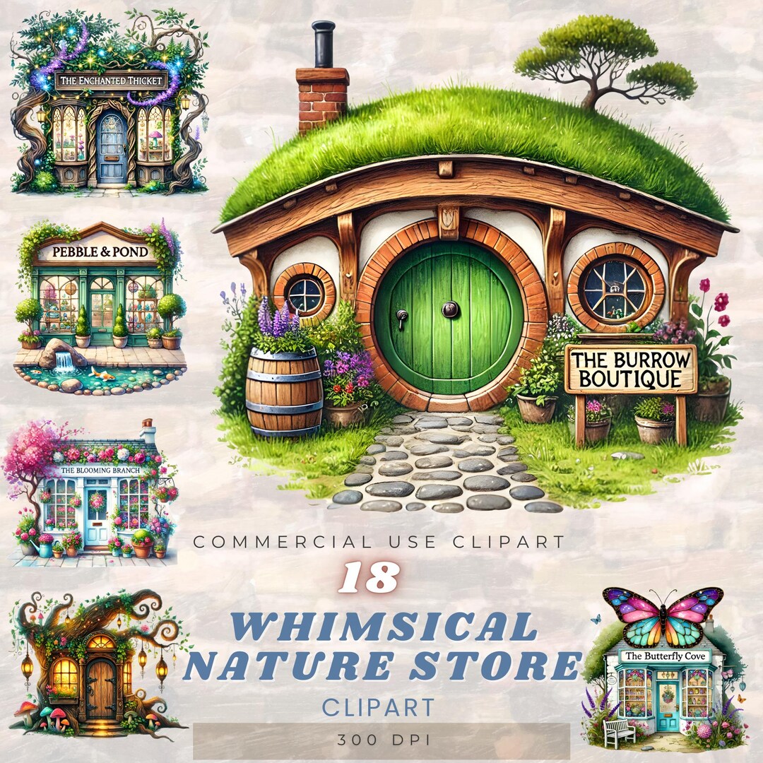 Fantasy Cottage Shop Clipart Bundle, Whimsical Nature Storefront PNG ...