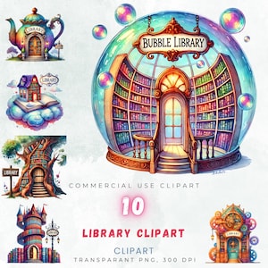 Magical Library Clipart Set, Fantasy Bookshop PNG, Fantastyczna ilustracja biblioteczna, Bajkowa sztuka regału, Pobieranie cyfrowe, Użytkowanie komercyjne