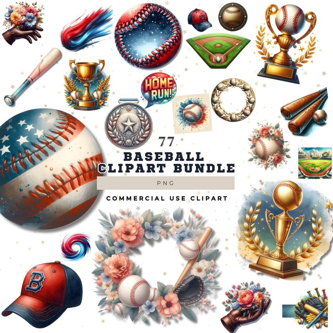 Vintage Baseball Clipart Bundle - Homerun Sports Graphics, Floral ...