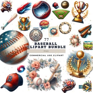 May include: A collection of 77 baseball-themed clipart images. The images include baseballs, bats, gloves, trophies, and a baseball cap. The color palette includes red, white, blue, and gold. The text on the image reads "77 Baseball Clipart Bundle PNG Commercial Use Clipart."