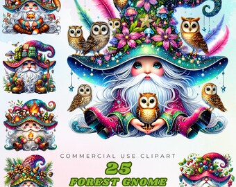 Puede incluir: Un conjunto de 25 imágenes de clipart digital que representan gnomos del bosque con sombreros caprichosos, búhos y otras criaturas del bosque. Los gnomos llevan sombreros y atuendos coloridos, y los búhos están posados en ramas o volando por el aire. Las imágenes son perfectas para agregar un toque de magia a tus manualidades, scrapbooking o diseños digitales.