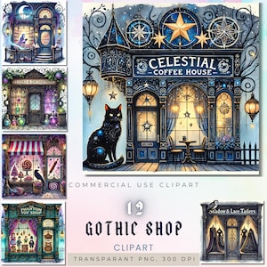 May include: A set of 12 digital clipart images featuring gothic shop fronts. Each shop has a unique name and theme, such as "Celestial Coffee House" and "Phantom Toy Shop". The images are in a watercolor style with a dark and whimsical aesthetic.