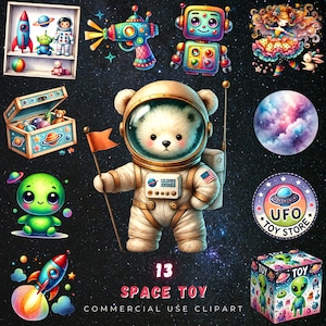 Paquete de imágenes prediseñadas de juguetes espaciales para niños: lindo astronauta, oso, robot, extraterrestre, cohete, OVNI PNG, gráficos de sublimación para uso comercial para imprimir.