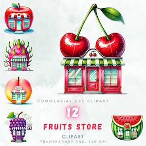 Paquete de imágenes prediseñadas de tienda de frutas, 12 imágenes PNG de tienda de frutas, ilustraciones de mercado en acuarela, lindas imágenes prediseñadas de tienda de comestibles, descarga digital, 300 DPI