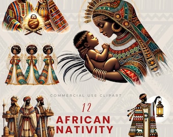 May include: A set of 12 digital clipart images depicting an African Nativity scene. The images include a traditional nativity scene with Mary, Joseph, and baby Jesus, three angels, and three wise men. The images are in a colorful, vibrant style with intricate details.