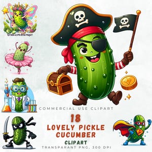 Pacchetto di divertenti clipart di cetrioli sottaceto, pirata, ninja, fata, scienziato, supereroe, ballerina / 18 file PNG trasparenti per sublimazione