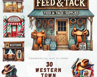 Western Town Clipart Bundle, Cowboy Storefronts, Graphics (30 PNG)