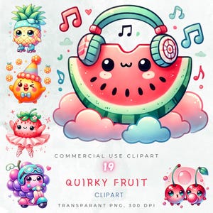 Pacchetto di clipart di frutta kawaii per decorazioni per feste di compleanno per bambini, PNG di fragole e anguria carine, uso commerciale, file trasparenti da 300 DPI