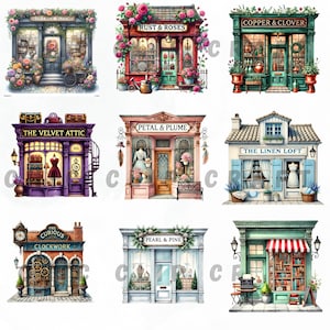 A collection of nine whimsical vintage store cliparts featuring beautifully detailed shop fronts in a watercolor style. Each storefront has a unique theme, including floral, antique, and boutique shops. Transparent PNGs, 300 DPI.