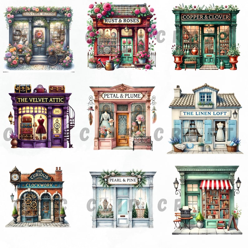 A collection of nine whimsical vintage store cliparts featuring beautifully detailed shop fronts in a watercolor style. Each storefront has a unique theme, including floral, antique, and boutique shops. Transparent PNGs, 300 DPI.