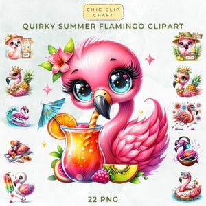Colorful Flamingo Clipart Bundle: 22 Beachy PNG Illustrations for Playful Projects - Tropical PNG Graphics with Cute Pink Birds, Cocktails