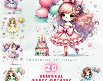 Whimsical Birthday Girl Clipart, Fantasy Party PNG (Digital Download)