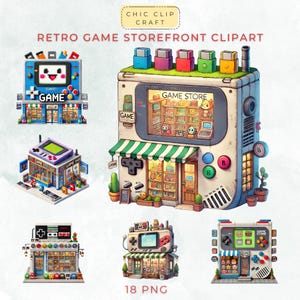 Retro game storefront clipartbundel – 18 png schattige kawaii gaming shop-graphics voor sublimatie, plannerstickers, plakboekambachten
