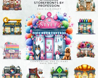 Whimsical Storefront Clipart: Colorful Small Business Facades (Digital Download)