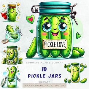Gurkenglas-Clipart-Bundle - 10 niedliche Essiggurken PNG-Dateien - lustige Kawaii-Pickle-Grafiken für Kunsthandwerk, Scrapbooking und Party-Designs