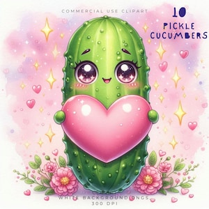 Lot de 10 cliparts PNG mignons concombre cornichon | Cornichon kawaii tenant un coeur | Utilisation commerciale | Fond blanc | Art végétarien romantique 300 ppp