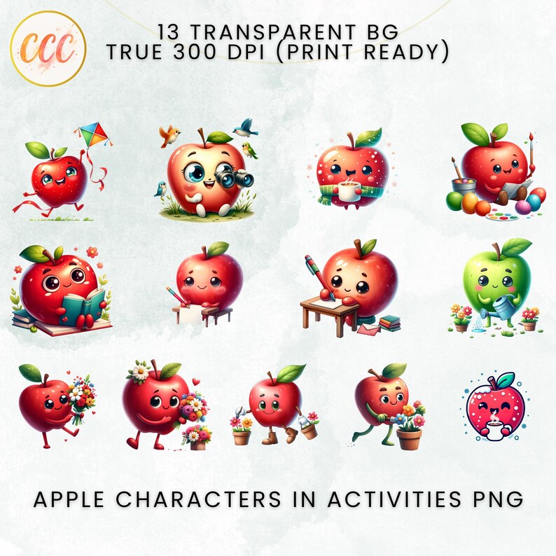 Apple Activities Clipart Set | Kawaii PNG Graphics (digital Download ...