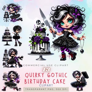 Eigenzinnige gotische verjaardagstaart clipartbundel, donkere esthetische partij png, schattige goth meisje clipart met cake, spookachtige verjaardag png voor sublimatie