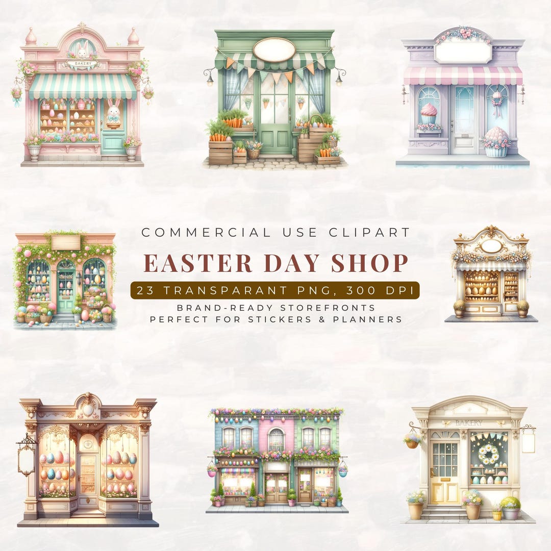 Easter Shop Storefront Clipart PNG Bundle | Cute Pastel Spring Bakery ...