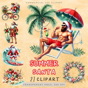 Summer Santa Clipart Bundle with 27 PNGs, Christmas Beach Holiday Clipart, Tropical Santa Graphics for Crafting and Sublimation