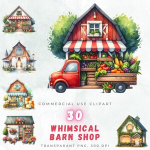 Bundle de 30 cliparts PNG de boutique de grange lunatique, clipart de camion de marché fermier, chalet rustique PNG, usage commercial, 300 DPI, Transparent
