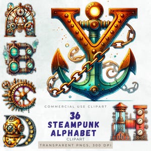 Steampunk Alphabet Clipart – 36 Industrial Vintage Letters & Numbers – PNGs with Transparent Background for Crafts, DIY, and Design Projects