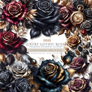Gotische Victoriaanse botanische digitale download, luxe donkere roos clipart, elegante bloemen PNG SVG huwelijksuitnodigingen en ontwerp, commercieel gebruik