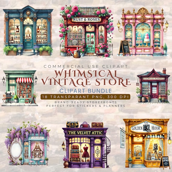 Small Business Storefront Clipart Bundle, Boutique Logo Elements PNG, Vintage Shop Branding Kit, Bakery & Retail Graphics, Commercial Use