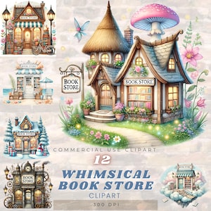 Clipart lunatique de librairie - 12 illustrations magiques de librairie - graphiques de librairie de noyau de maison pour l'artisanat et l'usage commercial
