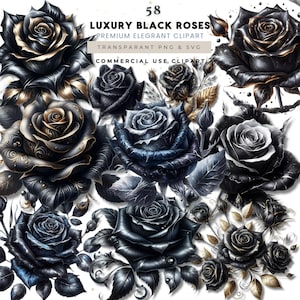 Luxury Black Rose Clipart Bundle PNG SVG | Elegant Dark Floral Clip Art Set for Commercial Use | Gothic Black Roses Digital Download