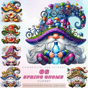 Paquete de 66 imágenes prediseñadas de gnomos de primavera con fondo transparente, lindos archivos PNG de gnomos, ilustraciones de gnomos de fantasía para sublimación y manualidades