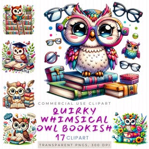 Schruiges, skurriles Eulen-Clipart-Set - Bücherwurm-Eulen mit Brille, süße Lese-Eulen-Grafik, druckbare PNGs, digitale Clipart für Lehrer