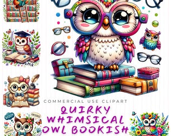 Schruiges, skurriles Eulen-Clipart-Set - Bücherwurm-Eulen mit Brille, süße Lese-Eulen-Grafik, druckbare PNGs, digitale Clipart für Lehrer