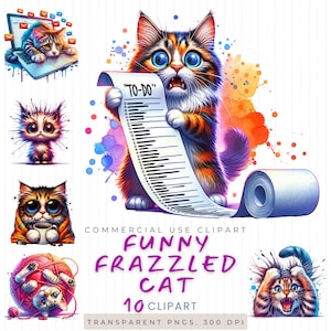 Lot de 10 cliparts drôles de chat éreinté - 10 chats mignons de bande dessinée avec des listes de tâches et le chaos au bureau - autocollants numériques drôles, scrapbooking et travaux manuels