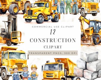 Watercolor Construction Clipart – Builder PNG, Vehicle Illustrations (Digital Download)