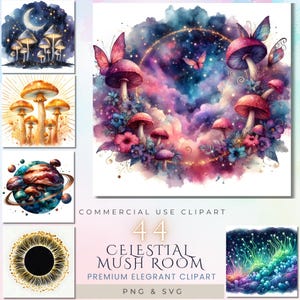 Himmlischer Pilz-Clipart-Set von 44 PNG-SVG-Dateien | Fantasy Galaxy Pilze mit Schmetterlingen und Sternen | Mystisch Magisch Clip Art Bundle