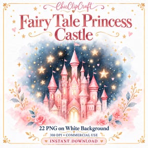 Imágenes prediseñadas PNG de castillo de acuarela rosa, castillo de cuento de hadas de princesa, palacio de fantasía, descarga digital para sublimación y manualidades.
