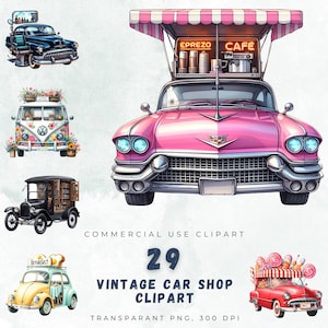 29 Vintage Car Shop Clipart-Bundle – Retro Food Trucks, Büchermobile, Blumen Lieferwagen – 300 DPI transparente PNGs