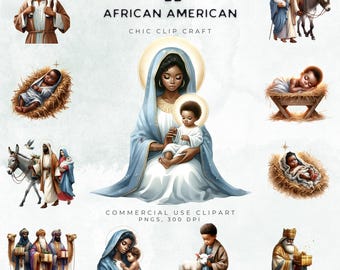 May include: A collection of 22 African American-themed clip art images. The images depict religious figures, including Mary and baby Jesus, shepherds, and the three wise men. The color palette includes blues, golds, and browns.
