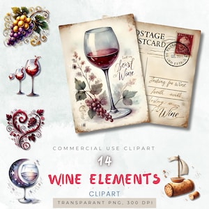 Set di clipart di vino ad acquerello, PNG di calici da vino d'epoca, arte digitale di vino rosso, illustrazione di vite, grafica di degustazione di vino, decorazioni rustiche per vino