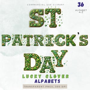 Clipart do alfabeto do dia de São Patrício, letras de trevo da sorte PNG, fonte floral verde, letras digitais A-Z, PNG transparente, 300 DPI, fonte irlandesa