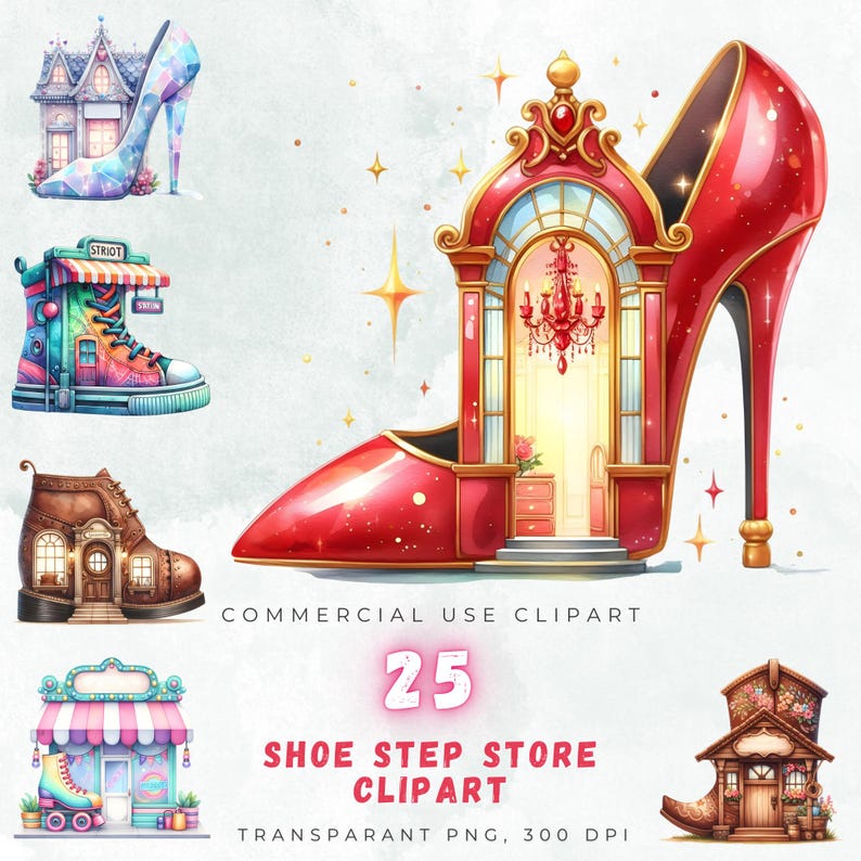 25 Shoe Store House Clipart PNG Bundle, Fantasy Shoe Shop Illustration ...