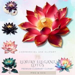 Paquete de imágenes prediseñadas de flores de loto de lujo y elegantes / 75 ilustraciones florales premium / Archivos PNG y SVG para sublimación, manualidades y diseño