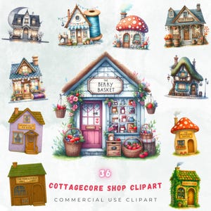 Cottagecore Shop Clipart Bundle | 36 PNGs de vitrine de conto de fadas caprichosos | Padaria de cogumelos aconchegante, casas de chá vintage, lojas de artesanato e muito mais