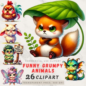 Quirky Safari Clip Art, Funny Grumpy Animals PNG, Cartoon Pet Prints Bundle, Commercial Use, Watercolor
