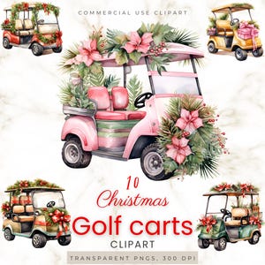 クリスマス ゴルフ カート クリップアート バンドル - 昇華デジタル ファイル - ゴルフをするサンタ - ホリデー グラフィックス - ゴルフ カート PNG バンドル