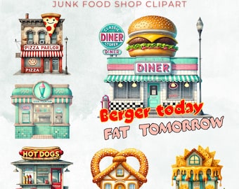 Conjunto de imágenes prediseñadas de comida chatarra: ilustraciones de comida rápida para pegatinas (descarga digital)